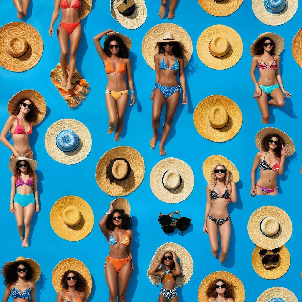 A sun-soaked beach scene featuring diverse models wearing the latest bikini styles and sensual swimwear, showcasing vibrant colors and trendy patterns. Include playful beach accessories like straw hats, sunglasses, and beach towels scattered around. Capture the essence of summer with sparkling waves and a bright blue sky as a backdrop. The atmosphere should radiate fun, confidence, and allure. super-realistic. vibrant colors. 3D.